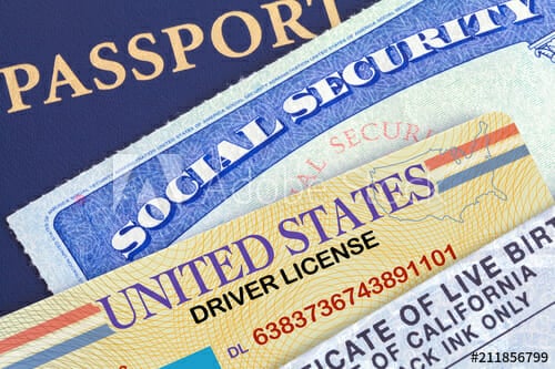 A U.S. passport, social security card, driver's license and birth certificate as forms of identity.