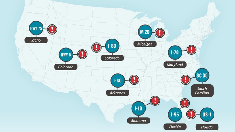 A map of the united states showing some of the dangerous roadways for truckers across the country.
