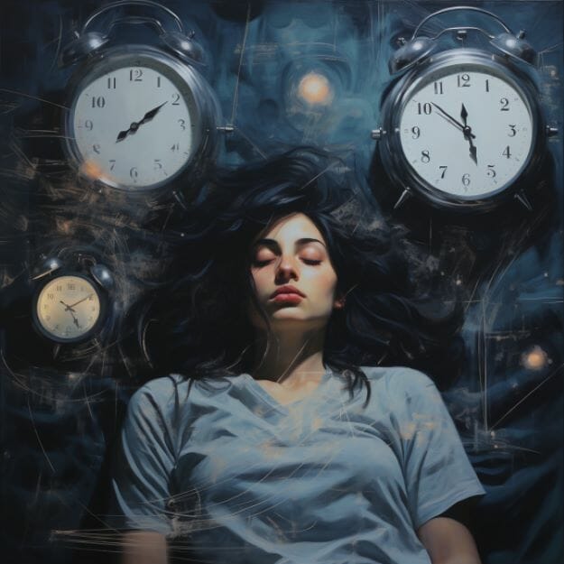 Woman sleeping with clocks in background